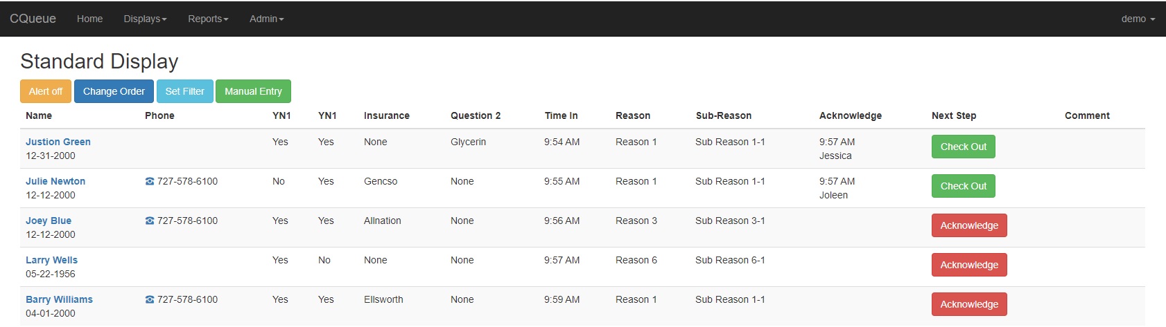 Customer Check In Standard display screen