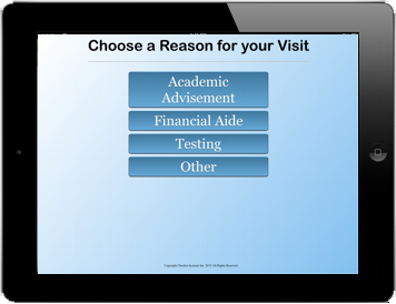 Student Check In kiosk screen three asks the reason for visit