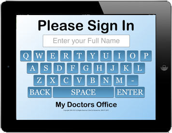 Medical Check In screen 1 asks for patient name